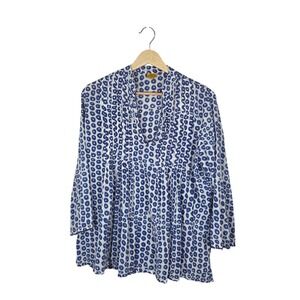 Roberta Roller Rabbit Cotton Tunic L Blue White Block Print Beaded Trim
